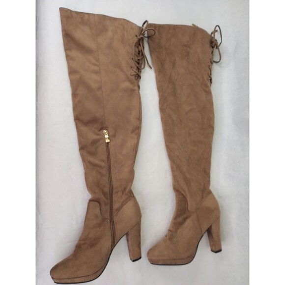 Bella Marie Boots Women's Sz 7 Suede Over The Knee 3.5" Block Heel Taupe Lace-up - Picture 5 of 16